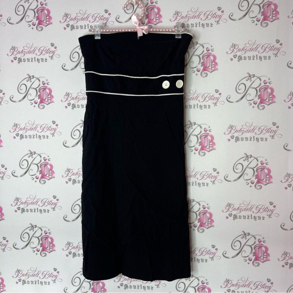 RW&CO Black Strapless Sheath Cocktail Dress buttons white striped pin up girl